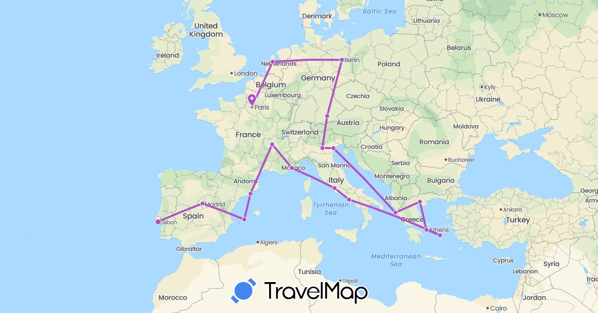 TravelMap itinerary: driving, train in Germany, Spain, France, Greece, Italy, Netherlands, Portugal (Europe)
